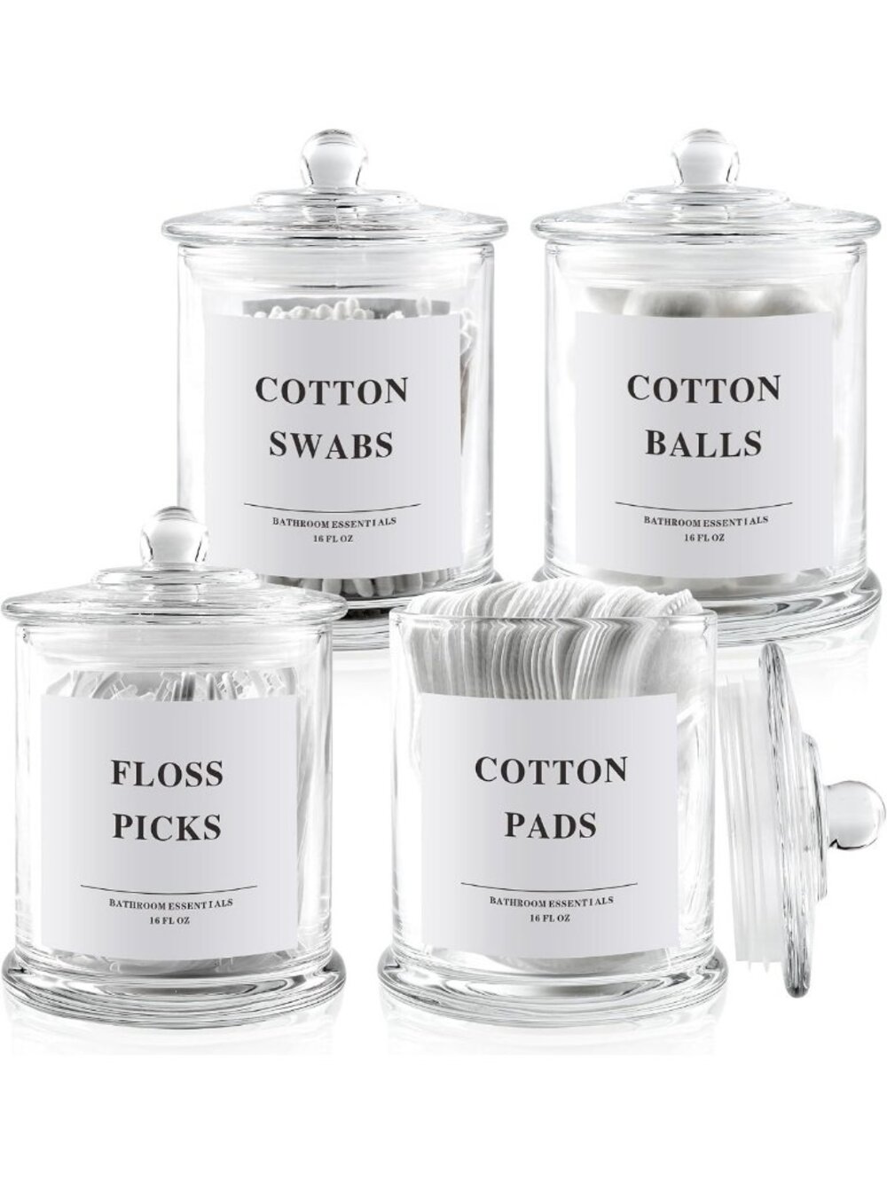 Airtight Glass Qtip Holder Dispenser Set - 4 Pack Vanity Organizer Jars 16 Oz